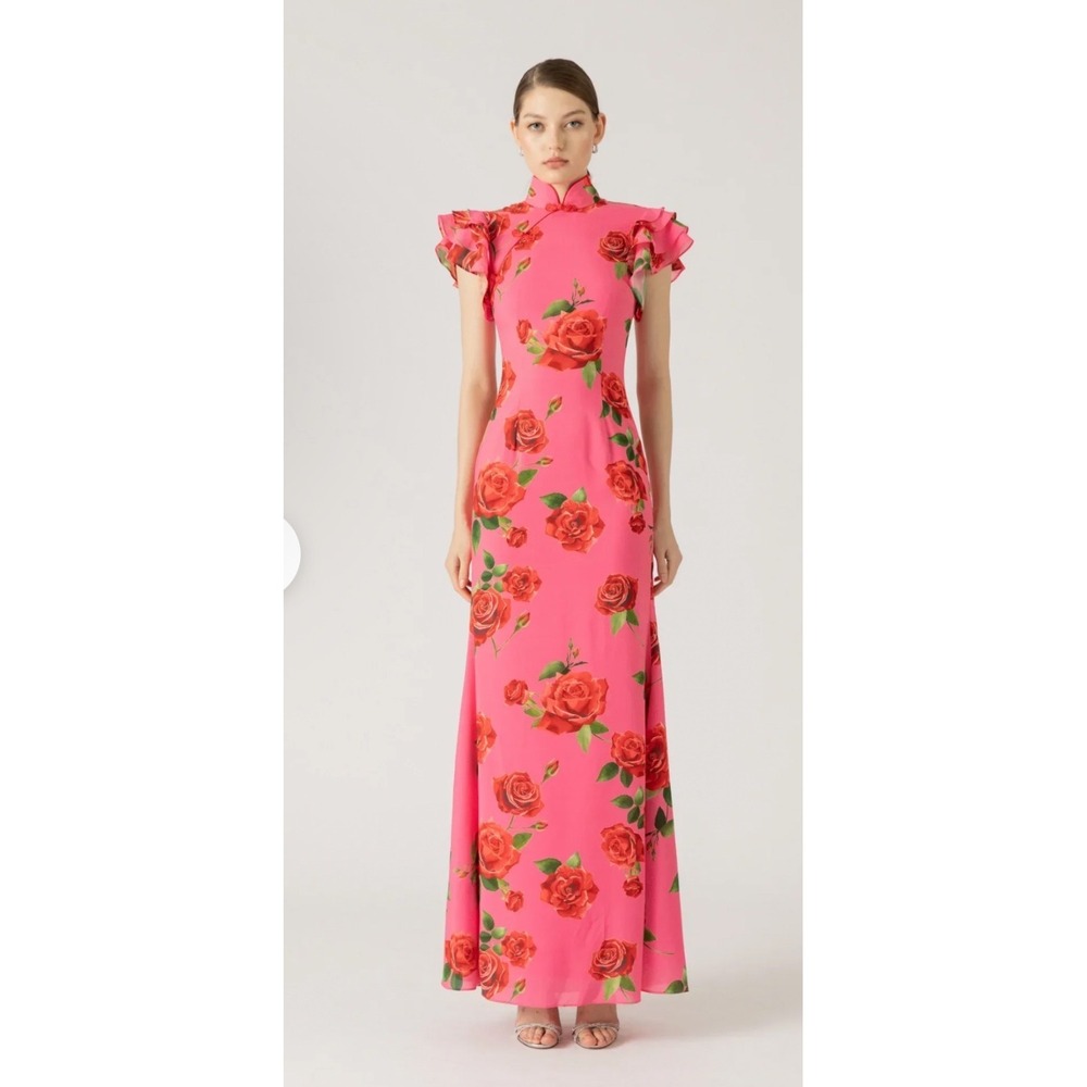 SAU LEE Sylvie Floral Dress Pink Rose Cheongsam Qipao Maxi US 2 UK 6 Mandarin